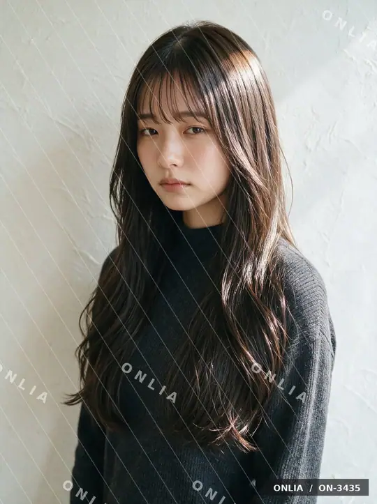 ダークブラウン シースルーバングロング 真顔のヘアスタイル写真（AIで作った架空の人物）