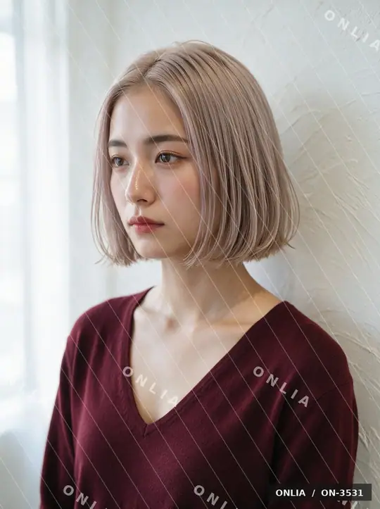 ラベンダーベージュ 外ハネボブのヘアスタイル写真（AIで作った架空の人物）