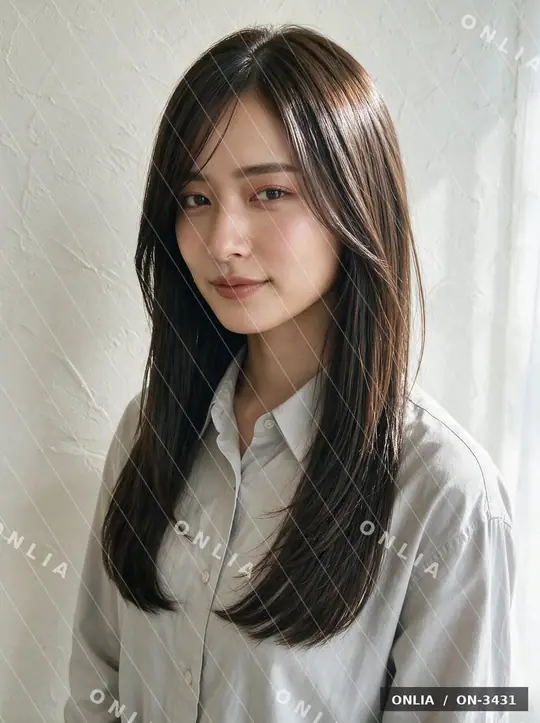ダークブラウン 内巻きミディアム 大人のヘアスタイル写真（AIで作った架空の人物）