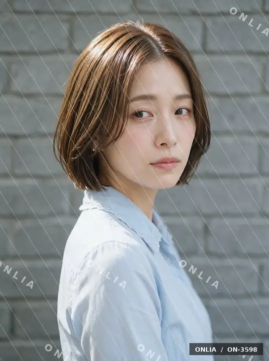 スモーキーブラウン 内巻きショートのヘアスタイル写真（AIで作った架空の人物）