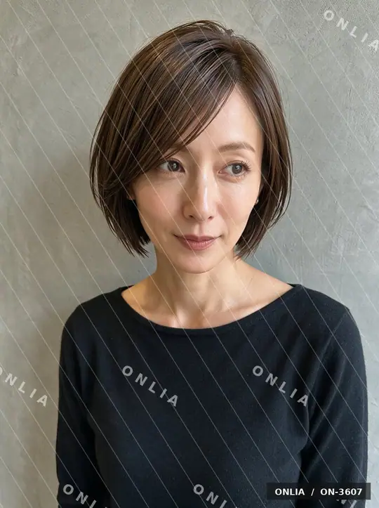 スモーキーブラウン 流し前髪ショートのヘアスタイル写真（AIで作った架空の人物）