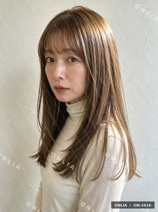 ラベンダーベージュ 外ハネセミロングのヘアスタイル写真（AIで作った架空の人物）