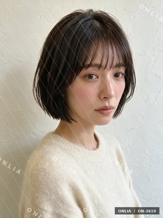 ブルーブラック シースルーバングショートのヘアスタイル写真（AIで作った架空の人物）