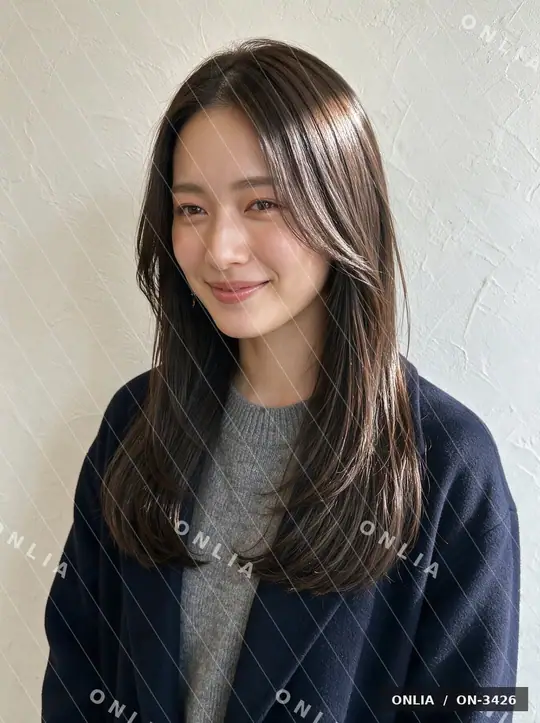 ダークブラウン 内巻きミディアムのヘアスタイル写真（AIで作った架空の人物）