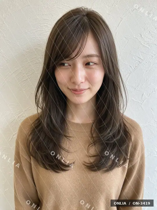 セピアグレージュ セミロング（段あり 流し前髪・ナチュラル・Pro Q2）のヘアスタイル写真（AIで作った架空の人物）