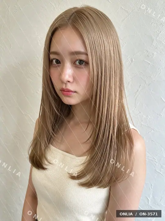 ミルクティーベージュ 内巻きセミロングのヘアスタイル写真（AIで作った架空の人物）