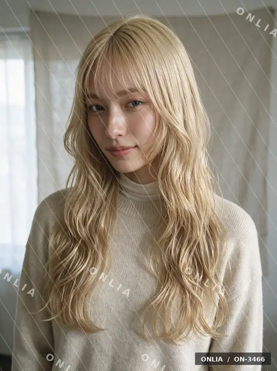 ベージュブロンド ウェーブセミロングのヘアスタイル写真（AIで作った架空の人物）