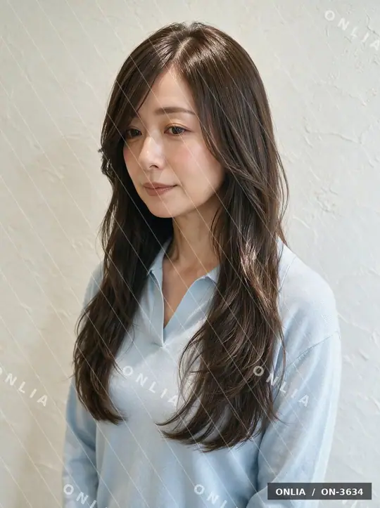 アッシュブラウン ウェーブロングのヘアスタイル写真（AIで作った架空の人物）
