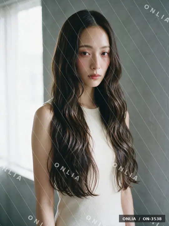 ブラウン ウェーブロングのヘアスタイル写真（AIで作った架空の人物）