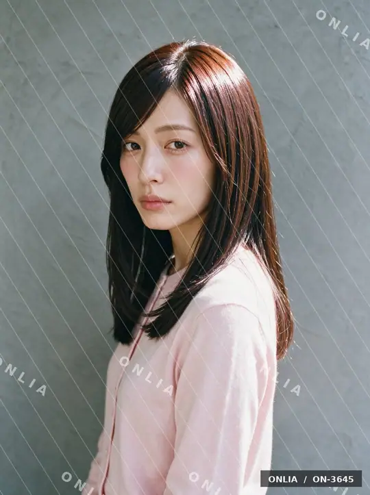 ダークブラウン 内巻きロングのヘアスタイル写真（AIで作った架空の人物）