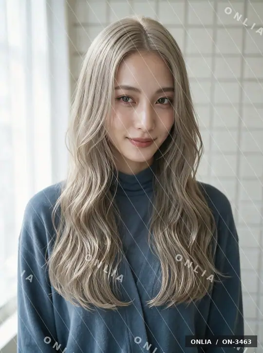 グレージュ ゆるウェーブミディアムのヘアスタイル写真（AIで作った架空の人物）