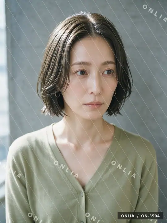 グレージュ 外ハネショートのヘアスタイル写真（AIで作った架空の人物）