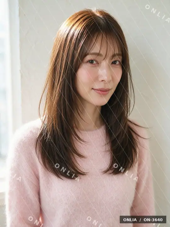 チェスナットブラウン 外ハネミディアムのヘアスタイル写真（AIで作った架空の人物）