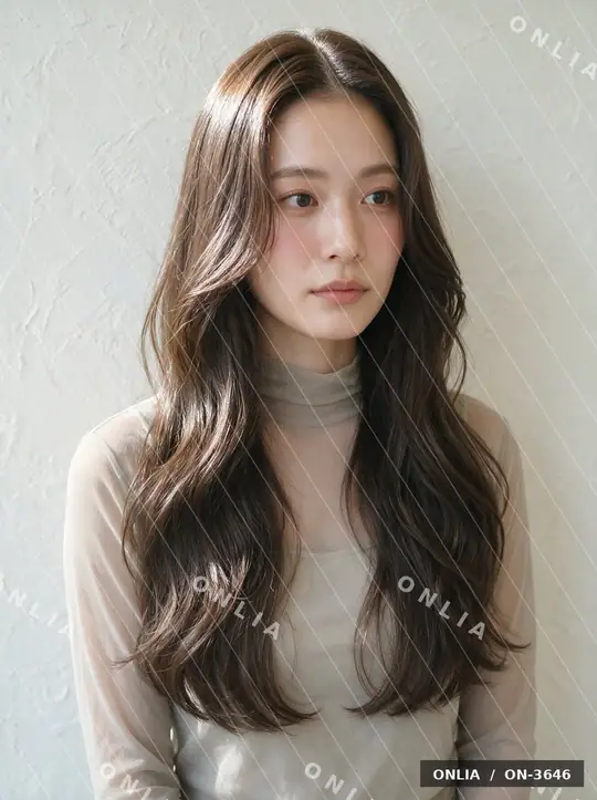 グレージュ ウェーブロングのヘアスタイル写真（AIで作った架空の人物）