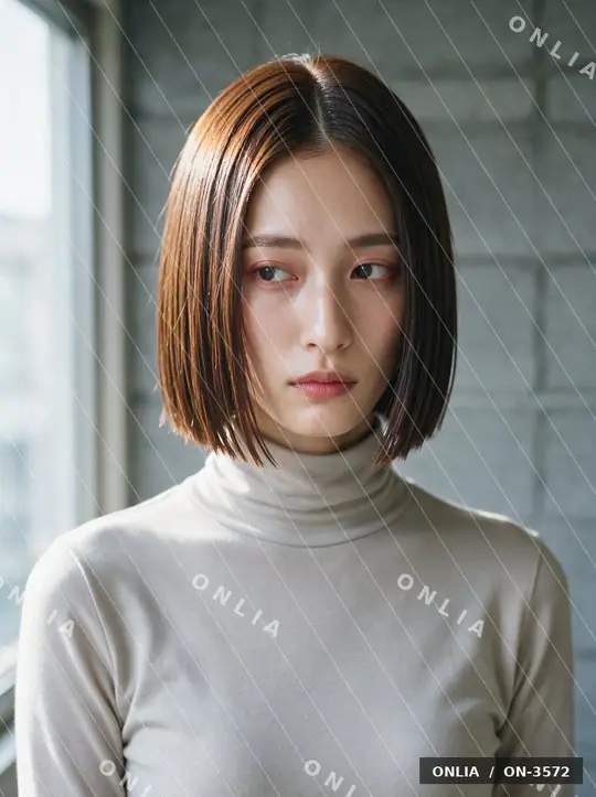 チェスナットブラウン ストレートボブのヘアスタイル写真（AIで作った架空の人物）