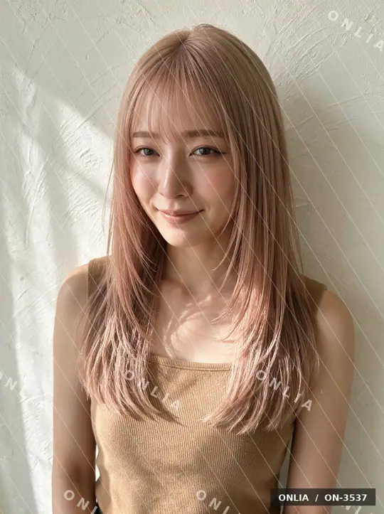 ピンクベージュ ストレートミディアムのヘアスタイル写真（AIで作った架空の人物）