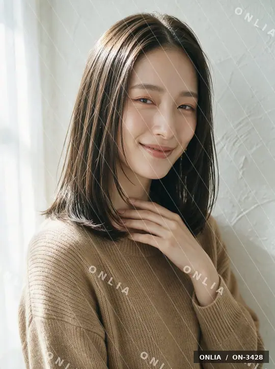 ダークブラウン 内巻きミディアム 前髪なしのヘアスタイル写真（AIで作った架空の人物）