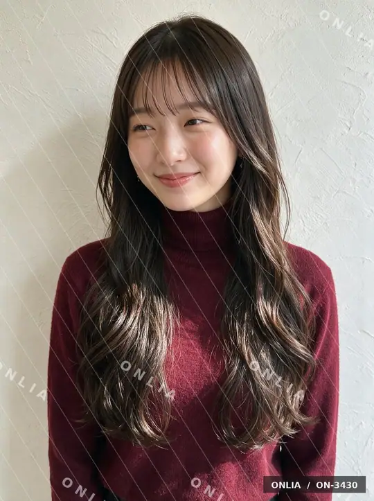 ダークブラウン シースルーバングロングのヘアスタイル写真（AIで作った架空の人物）