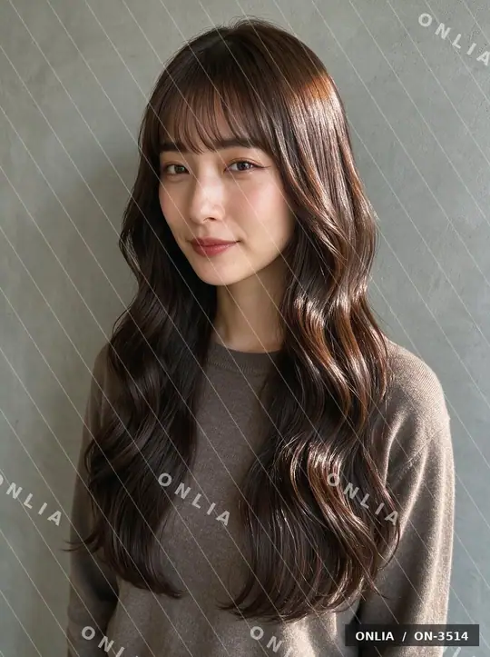 ブラウン ウェーブロングのヘアスタイル写真（AIで作った架空の人物）