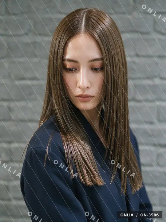 スモーキーブラウン センターパートミディアムのヘアスタイル写真（AIで作った架空の人物）