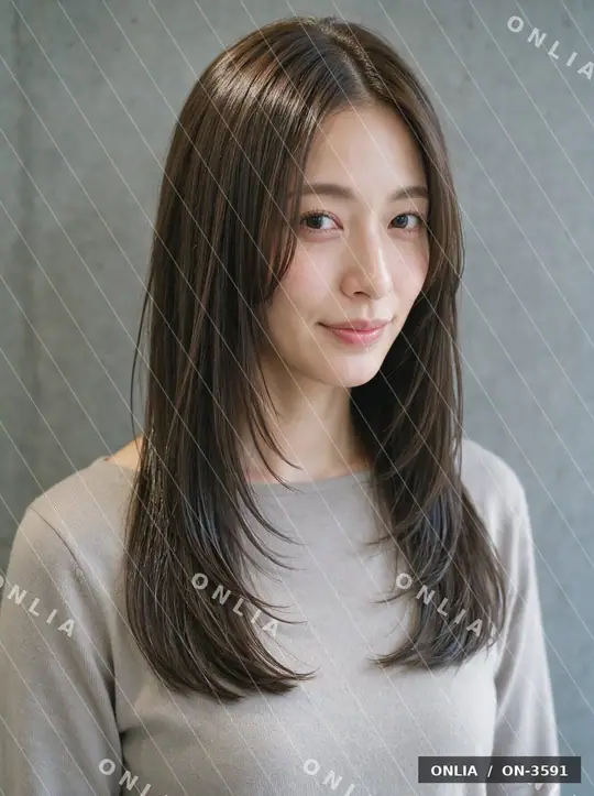 アッシュブラウン 内巻きミディアムのヘアスタイル写真（AIで作った架空の人物）