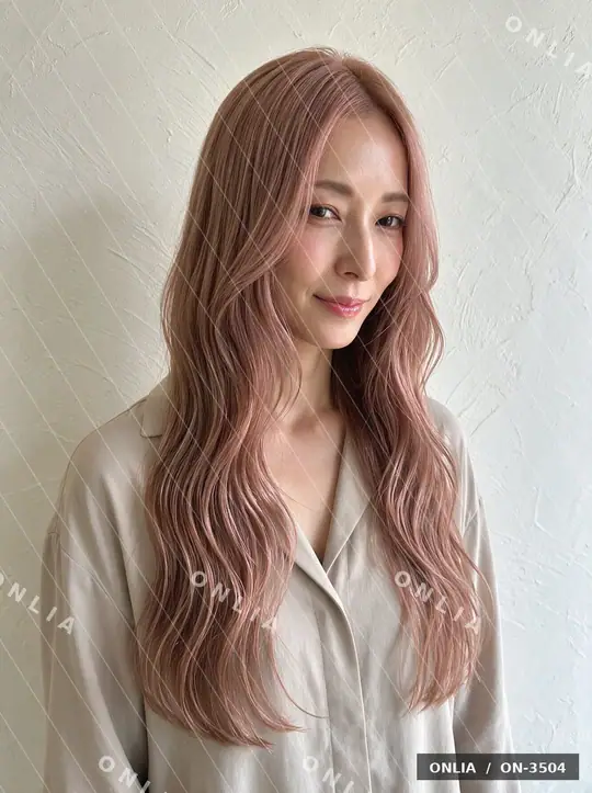 ピンクベージュ ウェーブロングのヘアスタイル写真（AIで作った架空の人物）