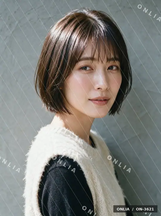アッシュブラウン 内巻きショートのヘアスタイル写真（AIで作った架空の人物）