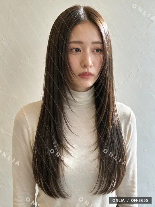 アッシュブラウン センターパートロングのヘアスタイル写真（AIで作った架空の人物）