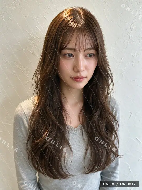 チェスナットブラウン ゆるウェーブロングのヘアスタイル写真（AIで作った架空の人物）