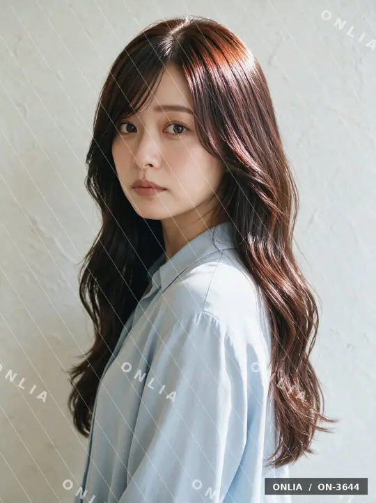 ダークブラウン ウェーブロングのヘアスタイル写真（AIで作った架空の人物）
