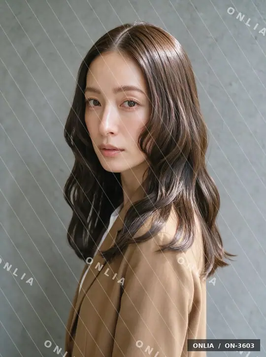アッシュブラウン ウェーブミディアムのヘアスタイル写真（AIで作った架空の人物）