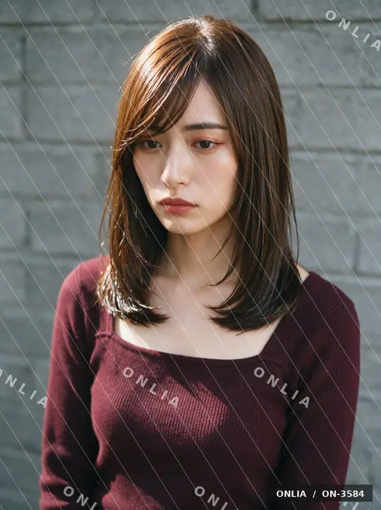 チェスナットブラウン 内巻きミディアムのヘアスタイル写真（AIで作った架空の人物）