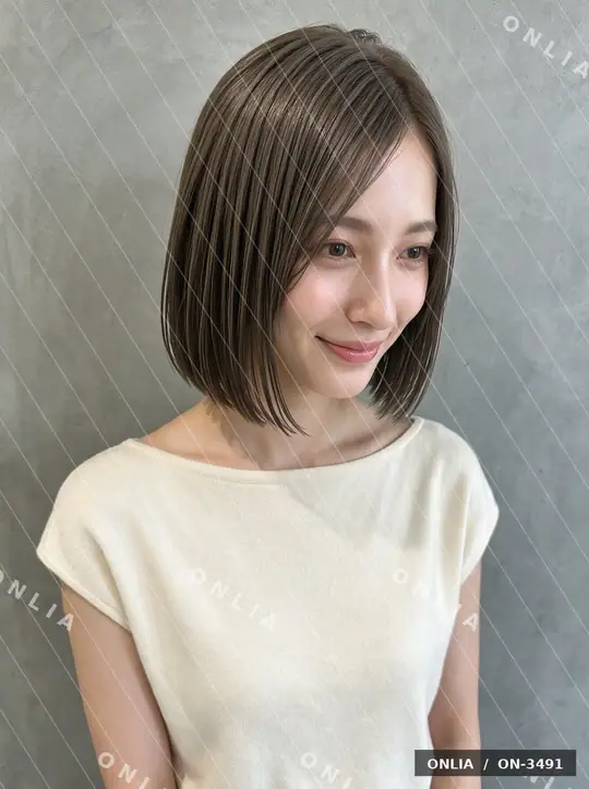 ダークグレージュ ストレートボブのヘアスタイル写真（AIで作った架空の人物）