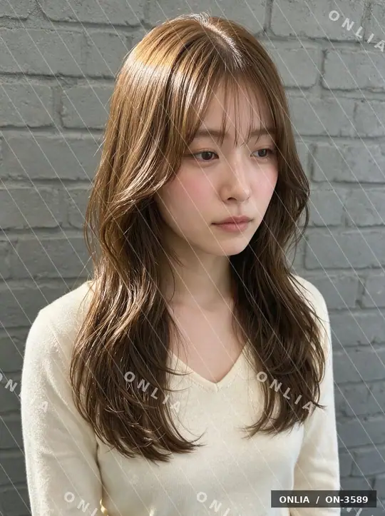 ミルクティーベージュ ウェーブミディアムのヘアスタイル写真（AIで作った架空の人物）