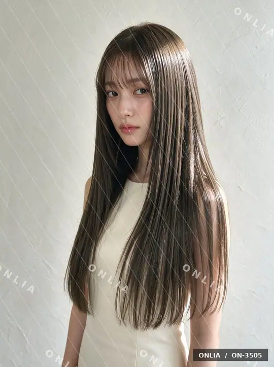 グレージュ ストレートロングのヘアスタイル写真（AIで作った架空の人物）