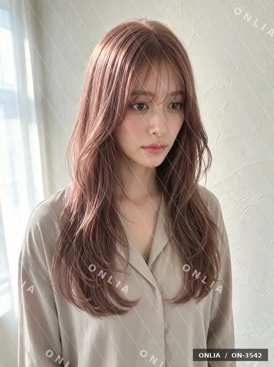 ピンクベージュ ゆるウェーブミディアムのヘアスタイル写真（AIで作った架空の人物）
