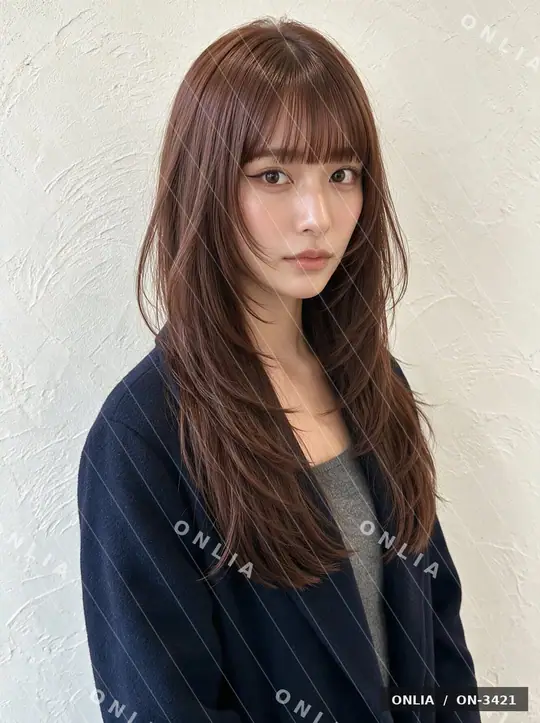 ココアベージュ ミディアム（段あり・フォックス・Pro Q4）のヘアスタイル写真（AIで作った架空の人物）