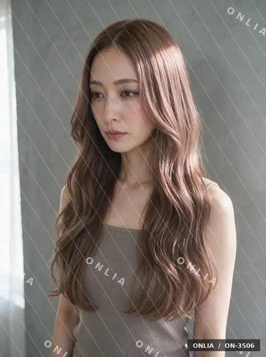 ピンクベージュ ゆるウェーブロングのヘアスタイル写真（AIで作った架空の人物）