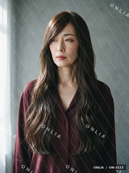 ブラウン ゆるウェーブロングのヘアスタイル写真（AIで作った架空の人物）