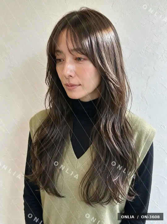 アッシュブラウン ゆるウェーブロングのヘアスタイル写真（AIで作った架空の人物）