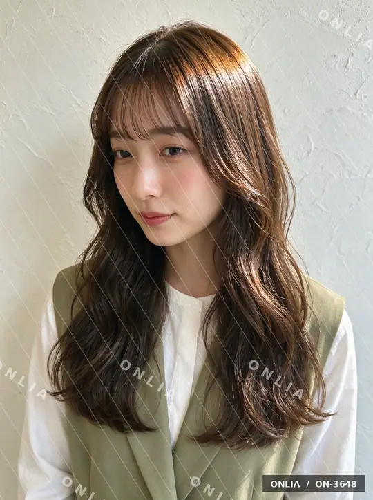 チェスナットブラウン ウェーブセミロングのヘアスタイル写真（AIで作った架空の人物）